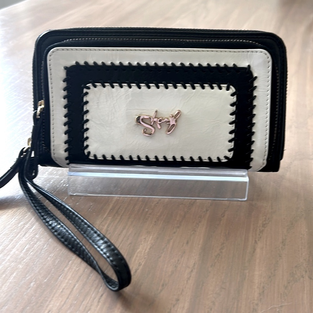 Sharif EUC Double Zip Compartment Wristlet/Wallet with Stitching front Detail
